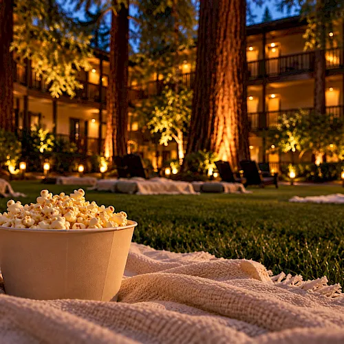 A cozy outdoor movie night scene: popcorn in a tub on blankets, warm lights, and a screen in the background, at dusk.
