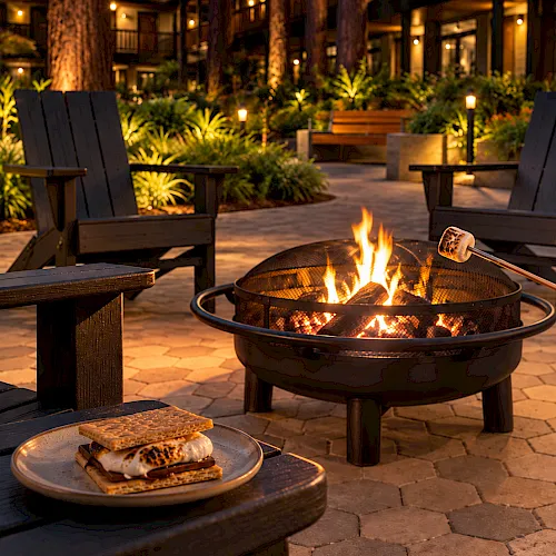 An outdoor patio at night with a glowing fire pit, wooden chairs, warm lights, and a plate of crackers on a table.