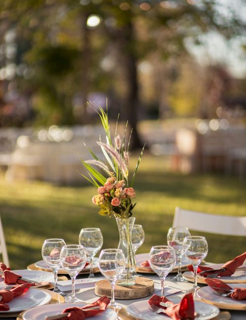An outdoor table is set with plates, red napkins, wine glasses, and a floral centerpiece, surrounded by chairs in a garden setting.