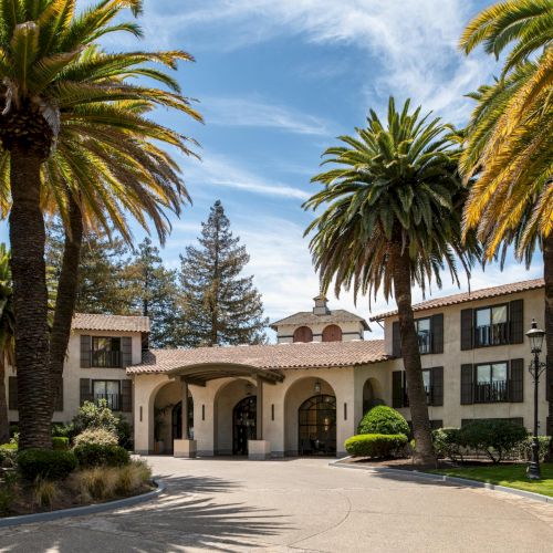 A sunny resort courtyard with palm trees, a small bridge over a fountain, and a Mediterranean-style building at center&mdash;bright, inviting, tropical.