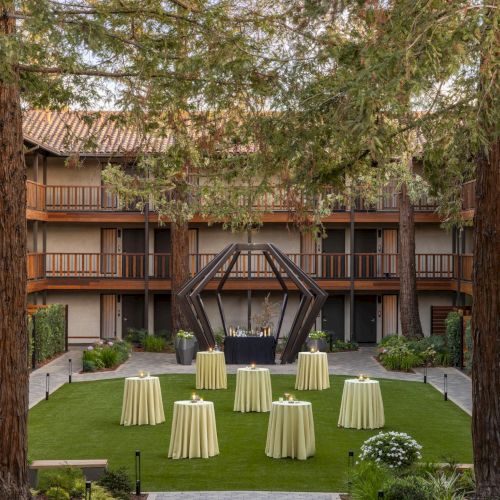 An outdoor courtyard with green lawn, modern brick buildings, wooden benches, and trees, sunny and inviting.