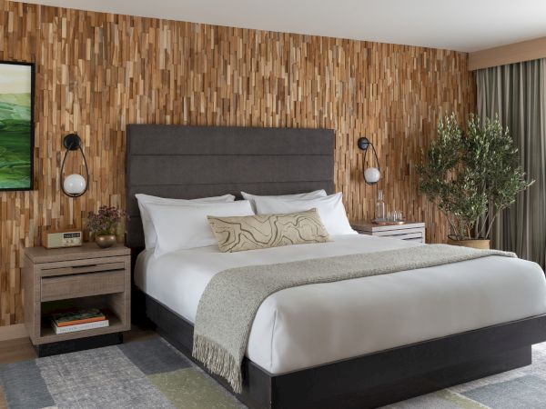 A modern bedroom with a large bed, wood-paneled accent wall, bedside table, and floor lamps.