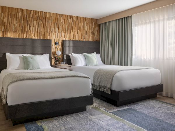 Modern hotel bedroom with two beds, wood-paneled wall, soft gray/white bedding, and sheer curtains.