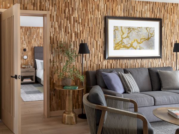 Modern living room with wood-paneled wall, gray sofa, framed abstract art, lamps, a potted plant, and a doorway into the bedroom.