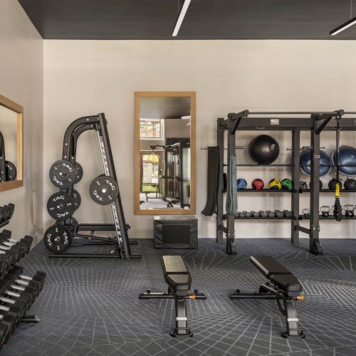 A modern gym with dumbbells, a Smith rack, weight plates, kettlebells, medicine balls, and an incline weight bench.