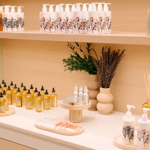A neatly arranged display of skincare bottles and jars on shelves, with pumps, droppers, and decorative plants and reeds in a bright, minimal spa setup.