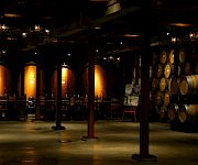 A dim winery cellar with rows of oak barrels and casks under warm lantern light.