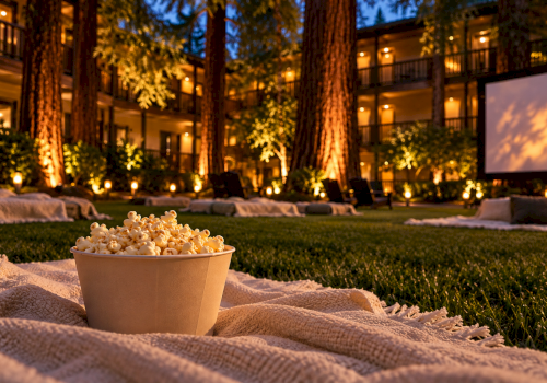 A cozy outdoor movie night scene: popcorn in a tub on blankets, warm lights, and a screen in the background, at dusk.