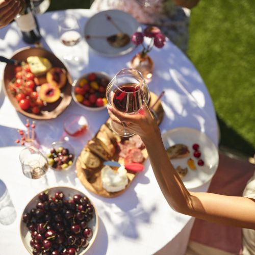 Friends toast with red wine at an outdoor picnic table, surrounded by plates of fruit and snacks, on a sunny day.