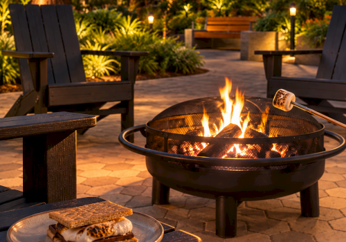 An outdoor patio at night with a glowing fire pit, wooden chairs, warm lights, and a plate of crackers on a table.